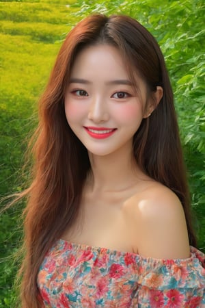 (best quality, masterpieces:1.2, ultra high resolution, 8k, realistic:1.4), 1girl, korean, cute smile, off-the-shoulders, cinematic lighting, beautiful detailed eyes, beautiful detailed lips, longeyelashes, soft skin, flowing hair, colorful garden backdrop, vibrant colors, sunshine ambiance