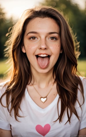 score_9,score_8_up,score_7_up, photorealistic, photography, 1girl,long hair,looking at viewer,open mouth,brown hair,shirt,brown eyes,jewelry,white shirt,heart,teeth,tongue,tongue out,necklace,depth of field,blurry background,portrait,freckles,realistic