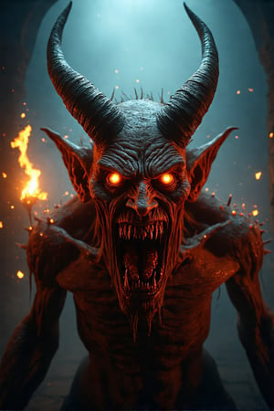 A grotesque, demonic figure with glowing, fiery orange eyes and menacing, razor-sharp teeth leers forward. Its skin is wrinkled and rough, adorned with small, illuminated bumps. Two prominent horns curl upwards from the head. The creature is bathed in an eerie, incandescent glow, contrasting sharply with the dark, misty background that features shadowy structures. Fiery embers float around, enhancing the sinister atmosphere.