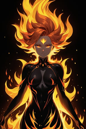 (best quality,8k,ultra detailed:1.5), (anime art illustration:1.4), (flat vector image:1.3), (mid-shot:1.3), (minimalistic:1.3), (simple cute diffuse female fire spirit creature:1.5), (woman made entirely of fire:1.4), (flaming hair:1.3), (creature sculpted by flames:1.4), (humanoid form made entirely of fire and not flesh and bones:1.4), (fire is her raw material, her constitution, and her being:1.5), (solid black background:1.2), (ultra sharp focus:1.4), (detailed face:1.4), (posing:1.3), (illuminated:1.3), (magic:1.4), (supernatural fire spirit:1.4), (flames:1.3), (sparkles:1.3), (mystical fire spirit:1.4).