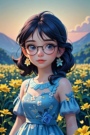(best quality,portrait,masterpiece:1.2),girl in a blue dress with a hair flower, standing in a vast flower field. The girl is wearing glasses and has beautiful freckles on her face. Above her, the sky is filled with vibrant blue hues, as the sun sets in the distance, casting a warm orange glow. The girl wears delicate earrings that shimmer in the cinematic light.