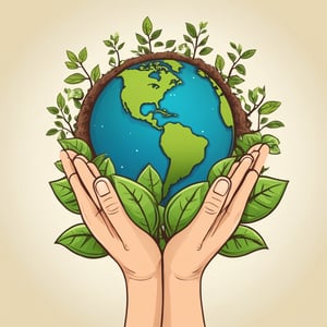 (best quality,8K,highres,masterpiece), ultra-detailed, tree planting, vector illustration, a poster with hands holding a earth globe and a plant growing out of it's top, text on it (plant trees save earth)