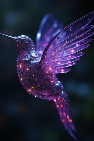 A meticulously crafted mechanical bird, resembling a hummingbird, exhibits a striking design with gleaming metallic surfaces. Vivid purple-hued, transparent wings spread gracefully, showcasing intricate details. The body, adorned with shiny, chromatic spheres and embedded circuits, glows with a soft purple light. Set against a blurred, dark background, the lighting highlights the bird's polished, reflective texture, creating an aura of futuristic elegance.