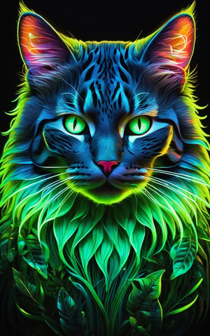 A vibrant and hyper-detailed portrait of a cat's face illuminated with neon light. Its face is adorned with intricate, glowing floral patterns and botanical elements. Its eyes are glowing neon green, and its fur is highlighted with neon light. The background is dark, enhancing the glow of the neon details. The overall style is a fusion of neon art and botanical motifs, creating a mesmerizing and surreal composition. (hyper-detailed, neon light, glowing floral patterns, botanical elements, neon green eyes, neon-highlighted fur, dark background, fusion of neon art and botanical motifs, mesmerizing, surreal)