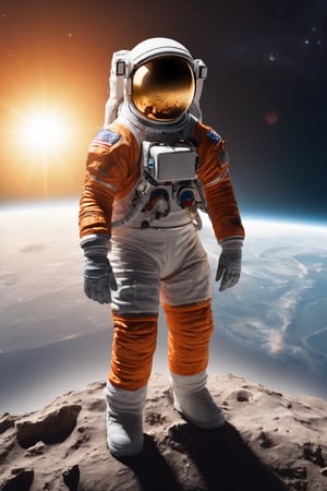 (best quality,4k,highres,masterpiece:1.2),ultra-detailed,realistic,photorealistic:1.37,astronaut,orange astronaut outfit,standing against a sunset background,surreal atmosphere,cosmic colors,vibrant orange tones,striking silhouette,star-filled sky,awe-inspiring view,glowing helmet reflection,flawless spacesuit,ornate details,meticulously crafted visor,elegant posing,captivating celestial scenery,serene and dreamlike setting,extravagant cosmic perspective,ray of sunlight illuminating the astronaut,sublime space exploration,otherworldly experience