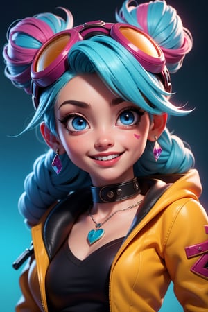 (best quality, 4k, 8k, highres, masterpiece:1.5), ultra-detailed, 1girl,solo,long hair,looking at viewer,blush,smile,blue eyes,jewelry,blue hair,jacket,upper body,braid,:d,heart,multicolored hair,earrings,fang,artist name,necklace,hair bun,twin braids,collar,double bun,tattoo,chain,piercing,goggles,ear piercing,bandaid,spikes,goggles on head,bandaid on face,spiked collar,chain necklace,sticker,jinx (league of legends)