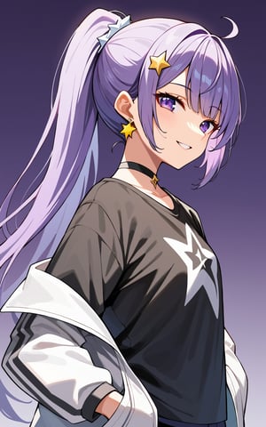 score_9,score_8_up,score_7_up, 1girl,long hair,looking at viewer,smile,bangs,shirt,hair ornament,long sleeves,jewelry,purple eyes,upper body,ponytail,purple hair,sidelocks,earrings,parted lips,virtual youtuber,star (symbol),from side,gradient,black shirt,gradient background,clothes writing,purple background,star hair ornament,hands in pockets,star earrings
