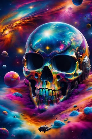 (best quality,8K,highres,masterpiece), ultra-detailed, (photoreal, cosmic, vibrant), an astronaut transformed into a skull floats in the vibrant abyss of space, surrounded by a dazzling cosmic ocean of galaxies and nebulae forming vivid and unique constellations. The bubbles surrounding the astronaut burst with an explosion of super colorful fragments, representing the vibrant knowledge and secrets of the universe. Captured with an 18 mm wide-angle camera, the 8K photorealism creates an image that not only evokes amazement at the immensity of the cosmos but also dazzles with a super colorful and awe-inspiring display.