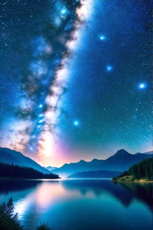 the milky way over a lake and mountains in the night sky, with stars reflecting on the water,outer space