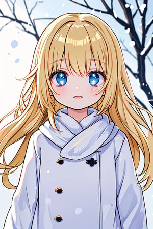 (best quality, 4k, 8k, highres, masterpiece:1.2), ultra-detailed, portrait, beautiful and smiling caucasian woman, cinematic, winter clothes, Ondas e Nuances, detailed symmetric hazel eyes, circular iris, vivid colors, winter scenery, soft snowflakes falling, icy breath, rosy cheeks, pure white background, subtle warm lighting, innocence and radiance, sparkling eyes, joyful expression, luxurious fur trim on the clothing, frosty winter air, subtle wind blowing through her hair, subtle hint of pink in her lips, elegant posture, confident stance, delicate snowflakes decorating her hair, long flowing blonde hair, wonder and serenity in her gaze, captivating beauty, snow-covered trees in the background, peaceful and enchanting winter scene.