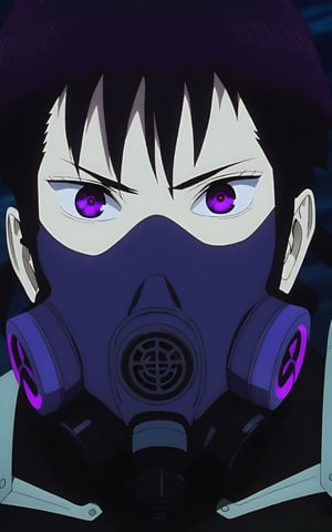 Kaiju No. 8, Soshiro Hoshina with purple glowing eyes and black hair wearing a gas mask in front of a dark blue background