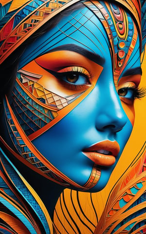 (Artistic portrait, high resolution, intricate line work, geometric patterns, vibrant colors), a close-up portrait of a woman crafted using detailed line work and a mix of geometric patterns. The composition is visually striking and abstract, blending various vibrant colors to enhance the overall artistic appeal. The artwork should capture fine details, emphasizing the unique and intricate design elements that form the abstract representation of the woman.
