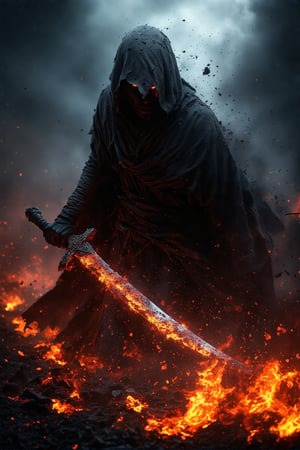 A dark, hooded figure with glowing orange eyes emerges from a fiery, ash-laden environment, gripping a sword crackling with molten lava. The texture of the figure's tattered cloak contrasts sharply with the dynamic, scorching embers scattered throughout the scene. Intense lighting highlights the smoldering details, while the swirling inferno and dark, fragmented background evoking a sense of imminent danger and power.