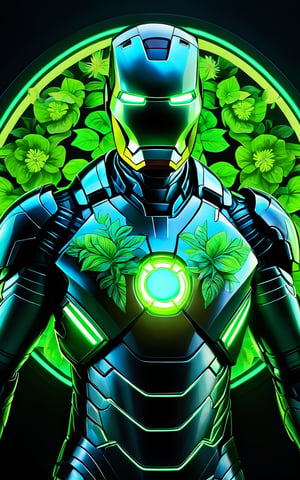 A vibrant and hyper-detailed portrait of Iron Man illuminated with neon light. His armor is adorned with intricate, glowing floral patterns and botanical elements. His eyes are glowing neon green, and the arc reactor on his chest is highlighted with neon light. The background is dark, enhancing the glow of the neon details. The overall style is a fusion of neon art and botanical motifs, creating a mesmerizing and surreal composition. (hyper-detailed, neon light, glowing floral patterns, botanical elements, neon green eyes, neon-highlighted arc reactor, dark background, fusion of neon art and botanical motifs, mesmerizing, surreal)