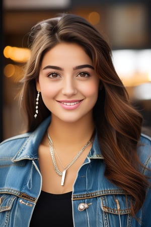 best quality, 4k, 8k, masterpiece, ultra-detailed, photorealistic, woman, long hair, looking at viewer, smile, brown hair, jewelry, brown eyes, jacket, upper body, earrings, parted lips, necklace, blurry, head tilt, blurry background, zipper, hoop earrings, realistic, denim jacket, photorealistic