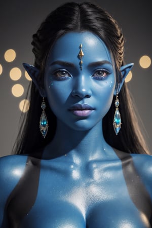 (best quality, 4k, 8k, highres, masterpiece:1.2), ultra-detailed, (realistic, photorealistic, photo-realistic:1.37), blue humanoid avatar with bioluminescent avatar markings dots and patterns on their skin. Pointed elf ears. avatar like hair, hair colour black, sparkling glowing blue eyes, slightly shimmery iridescent blue skin. female, warrior like, magical and mystical, detailed and realistic. Only blue skin tone. Only blue coloured skin. Skin colour all blue.