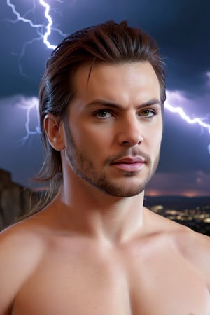 (best quality, UHD, ultra-detailed, masterpiece), (ultra-realistic, photorealistic), A breathtaking UHD portrait depicting the imposing Thunder God, his electrifying lightning strikes illuminating the sky in vibrant violet and cyan hues. Rendered with the precision of the Luminous Studio graphics engine and the brilliance of Octane render, the scene is enveloped in a cloudy haze, with fiery embers dancing around his thunderous crown.
