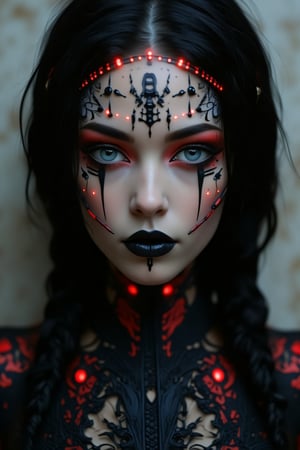 Cyborg style,
A woman with dark black hair and blue eyes painted black and red lines on her face and left the middle of her mouth have two black objects painted to look like a needle. The black paint has designs around the eyes and a line of small red objects that appears to be a long needle that looks like it has been used to sew the woman's hair back. On the black lace that the woman is wearing is a black dress that has red lights shining on the woman. The woman is looking directly at the camera with her lips closed and giving off a mysterious expression. The walls behind the woman are pale grey. 