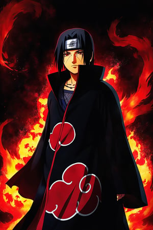 Itachi Uchiha,portrait,(best quality,4k,8k,highres,masterpiece:1.2),ultra-detailed,(realistic,photorealistic,photo-realistic:1.37),dark and intense,red,black and white,haunting eyes,meticulously drawn face and hair,cold expression,sharingan,akatsuki cloak,amazing lighting effect,emblem of the Uchiha clan,background of flames,uchiha fan,shadows and highlights,sharp focus,vivid colors,splashes of blood,mysterious aura,composed and deadly disposition,eye-catching details