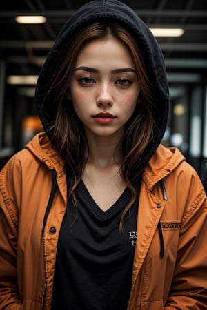 (best quality, 4k, 8k, highres, masterpiece:1.2), ultra-detailed, (realistic, photorealistic, photo-realistic:1.37), 1girl,solo,long hair,looking at viewer,shirt,brown eyes,closed mouth,jacket,upper body,open clothes,hood,orange hair,open jacket,lips,black jacket,black shirt,eyelashes,hoodie,hooded jacket,hood up,freckles,realistic,open hoodie