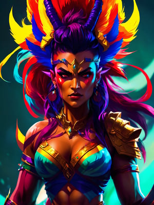 (best quality,8K,highres,masterpiece), ultra-detailed, (super colorful, vibrant), portrayal of an angry, tan draconic female barbarian wielding a massive demonic polearm. She stands tall, with broad shoulders, a thin waist, slim hips, and a fit, toned, and muscular physique adorned with a vivid palette of colors. Her well-defined abs and muscles are accentuated by prominent, colorful veins. She wears a strikingly colorful loincloth that adds a burst of hues to her ensemble. Her skin is adorned with vivid and vibrant red scales, creating a mesmerizing pattern. Her long, wild mohawk features a spectrum of colorful streaks, and her eyes glow with intense ruby-red color. The expression on her face is fierce and full of vibrant emotion, making this a stunning and dynamic visual masterpiece bursting with colors.
