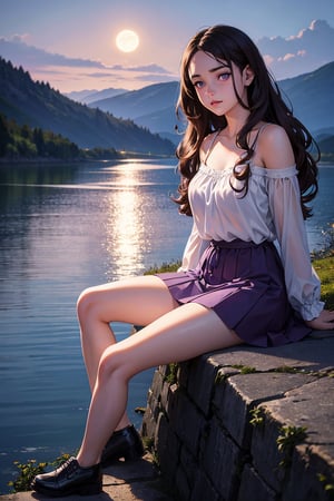 (best quality, realistic, HDR), 1girl, child, purple eyes, long and curly brown hair, detailed forehead, wearing a short skirt and a camisole, looking embarrassed, sitting by the riverbank, surrounded by mountains in the background, with the moonlight illuminating the scene, 