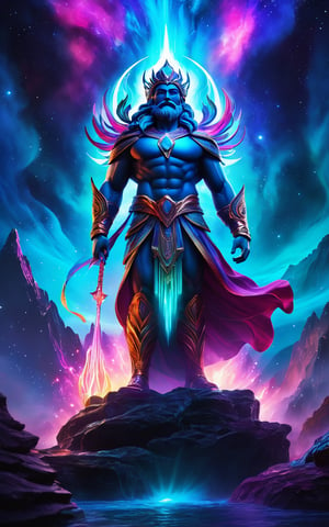 (best quality,8K,highres,masterpiece), ultra-detailed, (fantasy god with a glowing aurora and backlight), a fantasy god emanating a radiant glow. The figure is bathed in an ethereal aurora, with a glowing backlight enhancing its divine presence. The overall scene is otherworldly and majestic, with vibrant colors and intricate details highlighting the god's features and attire. The glowing elements create a surreal and mesmerizing atmosphere, capturing the awe-inspiring essence of a celestial being in a fantastical setting.