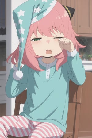 anya forger, 1girl, solo, blush, open mouth, bangs, shirt, long sleeves, hat, green eyes, upper body, pink hair, one eye closed, indoors, medium hair, chair, child, pajamas, female child, sleepy, waking up, nightcap, rubbing eyes, anya (spy x family)