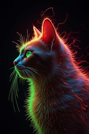 A cat appears bathed in vibrant neon hues of red, green, and yellow, forming an ethereal and electrifying glow around its figure. Its fur is intricately detailed with fine, wavy lines, and its luminous eyes shine brightly, exuding a piercing intensity. The background is a deep, dark contrast, allowing the swirling, colorful light trails to stand out vividly, creating a mesmerizing, almost otherworldly effect.