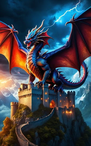 (best quality,8K,highres,masterpiece), ultra-detailed, (majestic dragon soaring over a medieval castle), depiction of a powerful dragon with gleaming scales, soaring majestically over a grand medieval castle. The dragon's wings are spread wide, casting a shadow over the castle below. The scene is set against a dramatic sky with storm clouds and lightning, enhancing the sense of awe and danger. The overall composition captures the mythical and epic nature of the scene, with detailed textures on the dragon and the castle.