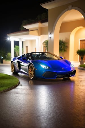 luxury exotic sports car night photography casino driveway 200mm zoom lens f/1.4 (masterpiece:1.2) (photorealistic:1.2) (bokeh) (best quality) (detailed skin:1.3) (intricate details) (8k) (HDR) (analog film) (canon d5) (cinematic lighting) (sharp focus)