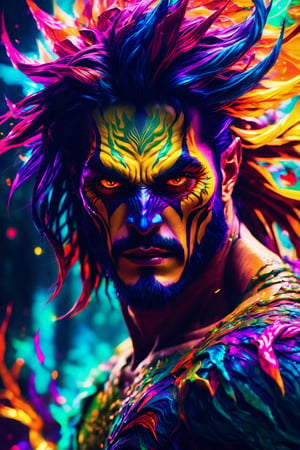 (best quality, 8K, highres, masterpiece), ultra-detailed, (photorealistic, cinematic), illustration painting of a luminous and enchanting bad guy undead/human-like creature with vibrant and dynamic anime-style colors. The creature, with dark, colorful hair, strikes a dynamic pose in a brilliantly lit fantasy realm environment filled with a kaleidoscope of colors. The mid-shot composition and rule of thirds depth of field emphasize intricate details, creating a fantastical realm that bursts with subtle and vibrant colors. The use of light particles enhances the scene's grandeur and awe, making it a stunning visual masterpiece in a double-exposure style. The strong outlines contribute to the scene's cinematic feel, creating a super colorful and visually captivating narrative