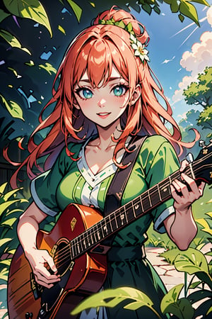 (best quality, 4k, highres), vibrant colors, lively atmosphere, anime-style, portraits, beautiful detailed eyes, charming smile, long flowing hair, stylish clothes, confident pose, sunlight filtering through leaves, colorful flowers, lush green garden, intricate guitar details, harmonious composition, expression of joy and passion.