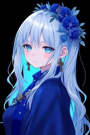 1girl,solo,long hair,looking at viewer,smile,bangs,blue eyes,simple background,jewelry,closed mouth,blue hair,upper body,flower,multicolored hair,earrings,from side,profile,rose,piercing,cross,black background,ear piercing,blue flower,blue theme,colored inner hair,sideways glance,blue rose,niji style