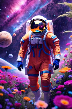 an astronaut in an orange space suit is walking through a field of flowers with planets and stars behind him,outer space