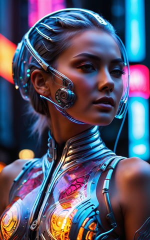 (best quality,4k,8k,highres,masterpiece:1.2), ultra-detailed, (realistic,photorealistic,photo-realistic:1.37), cyborg woman, transparent rib cage made of glass, neon cables, gears inside the glass body, glowing circuits, futuristic mechanical parts, cybernetic enhancements, metallic skin, stunning silver hair flow, piercing eyes, high-tech headset, sleek and angular body, dynamic pose, urban background, neon-lit cityscape, vibrant colors, holographic projections, dramatic lighting