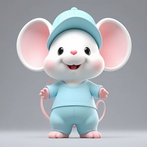 3D cute animal character,
A cute cartoon mouse stands cheerfully, featuring large, round ears with pink interiors and a small, pink nose. Its fur is a soft white with blush accents on the cheeks. The mouse wears a light blue outfit and matching cap, exuding a playful and friendly demeanor. Its black eyes are shiny and bright, with a wide smile showcasing its charming personality. A curled tail loops delightfully behind it. The background is minimal and gray, making the adorable mouse the focal point of the image.