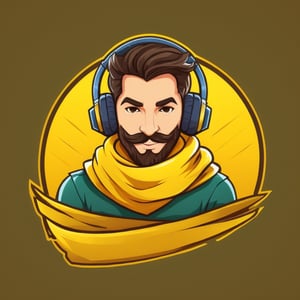 (best quality, 4k, 8k, highres, masterpiece:1.2), ultra-detailed,Gaming logo design,illustration, a cartoon character with headphones and a yellow scarf