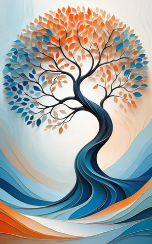 (high quality, digital art, abstract landscape, muted colors, minimalistic), a stylized tree with an intricate trunk, large and swirling abstract foliage in shades of blue, orange, and white, impressionistic and painterly style, serene and calm atmosphere, smooth and flowing brushstrokes, high contrast, subtle gradient background, ethereal and artistic ambiance, creative and unique composition, high resolution, detailed textures, mesmerizing and captivating design