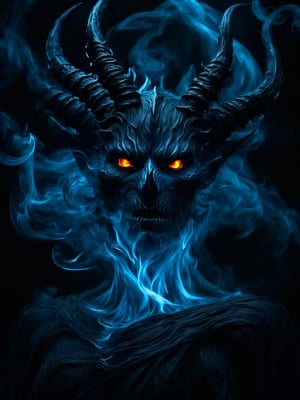 (demon, wisps of smoke,high contrast,dynamic lighting,horror fantasy,eyes of flame,intricate detail,sharp focus,masterpiece:1.2),ultra-detailed,(realistic,photorealistic,photo-realistic:1.37),dark portrait,abstract brush stroke,ominous atmosphere,ethereal mist,grotesque and twisted forms,dark shadows,unsettling presence,sinister energy,demonic horns,ominous silhouette,otherworldly glow,dark and foreboding background