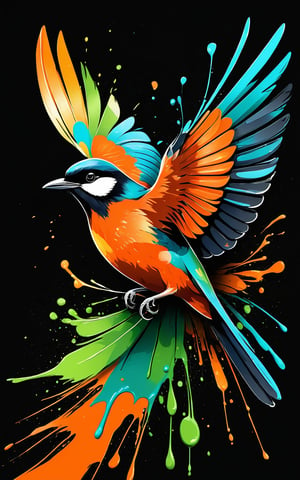(Artistic bird illustration, high resolution, painted style, colored paint splatters), a [bird] depicted in a painted style with dynamic and vibrant paint splatters. The main colors are [orange] and [green], set against a [black] background. The artwork captures the lively essence of the [bird] through the use of bold paint splatters, creating a visually striking and energetic composition.