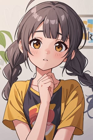 (best quality, 4k, 8k, highres, masterpiece:1.5), ultra-detailed,anime, 1girl,solo,long hair,looking at viewer,blush,bangs,shirt,bow,twintails,brown eyes,very long hair,upper body,braid,ahoge,short sleeves,hair bow,grey hair,parted lips,twin braids,low twintails,t-shirt,yellow shirt,hisakawa nagi