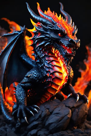 (best quality,8K,highres,masterpiece), ultra-detailed, (super colorful, lava-style dragon) portrayal of a baby dragon crafted from molten lava and fiery hues. This enchanting creature is depicted with a joyful smile, gazing at the viewer with its black eyes. It sits gracefully on a white-hot, simple background that radiates intense heat. The dragon's entire body is composed of flowing lava, featuring intricate details of its tail, wings, and head wings, all ablaze with vibrant, swirling colors reminiscent of molten rock. This unique fusion of elements creates a breathtaking and mesmerizing lava-style dragon, a truly fantastical creature born from the heart of a volcanic eruption.