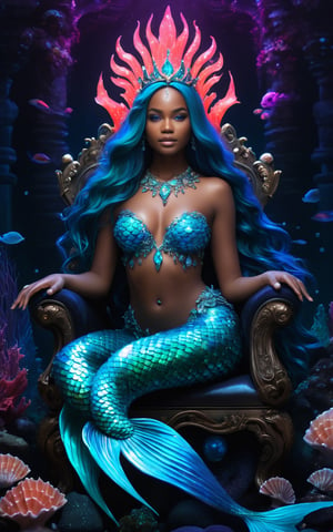 (best quality,8K,highres,masterpiece), ultra-detailed, (Ethereal Mermaid Queen with a bioluminescent tail and coral crown), portrait of an ethereal mermaid queen, her tail glowing with bioluminescent patterns. She wears a crown made of delicate coral and sea pearls, and her hair flows like seaweed in the current. Her eyes are the color of the deep ocean, and her skin shimmers with an iridescent sheen. She sits on a throne made of ancient sea stones and shells, surrounded by an underwater palace illuminated by glowing sea creatures.
