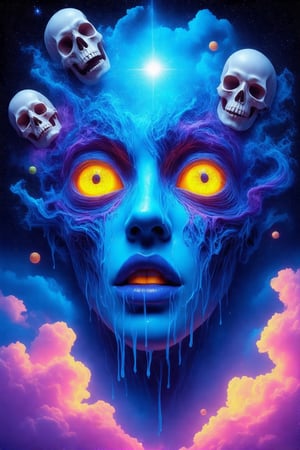 A surreal and vibrant scene features a blue, otherworldly face with fluid, swirling textures in shades of blue, purple, and pink. Yellow, glowing eyes and luminescent, dripping forms adorn the face, with abstract skulls and shapes floating around it. The background is a deep, star-filled night sky, accentuated with bright, neon-colored clouds and cosmic elements. The overall effect is a mesmerizing, psychedelic blend of colors and patterns, creating an ethereal and dream-like atmosphere.