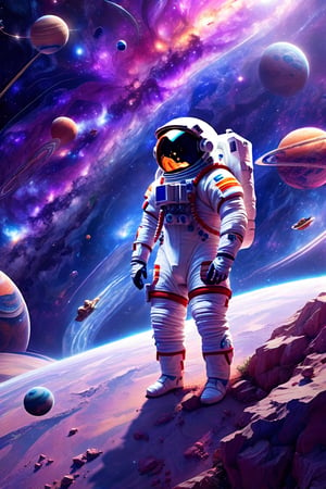 an astronaut standing on the surface of a planet surrounded by planets and other space objects, looking up at the sky,outer space