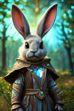 best quality, 4K, 8K, high-resolution, masterpiece, ultra-detailed, photorealistic,  an image of a rabbit dressed as an elf, forested background, looking at viewer, animal ears, rabbit ears, armor, no humans, gem, furry, staff, rabbit