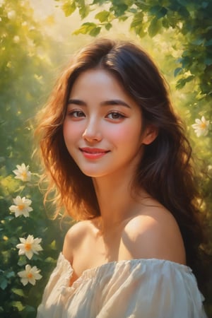 (best quality,masterpiece,ultra high resolution:1.2), ultra-detailed, (realisticity:1.4), original photo, 1girl, brown eyes, cute smile, off-the-shoulders, cinematic lighting, oil painting, vibrant colors, blooming flowers, greenery, warm sunlight, soft shadows, dreamy atmosphere, natural pose, relaxed expression, gentle breeze, blurred background, delicate brushstrokes, graceful movements, golden hour, enchanting ambiance, harmonious composition, tranquil setting, realistic texture, mesmerizing gaze, ethereal beauty, artistic charm, captivating scene.