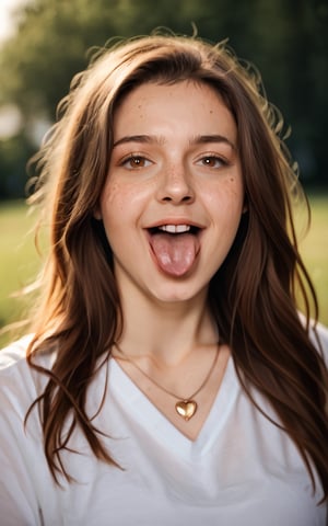 score_9,score_8_up,score_7_up, photorealistic, photography, 1girl,long hair,looking at viewer,open mouth,brown hair,shirt,brown eyes,jewelry,white shirt,heart,teeth,tongue,tongue out,necklace,depth of field,blurry background,portrait,freckles,realistic