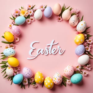 AiArtV,Happy Easter,colorful,easter theme,background, a pink background with a bunch of colorful eggs and flowers ,"Happy Easter" sign on it